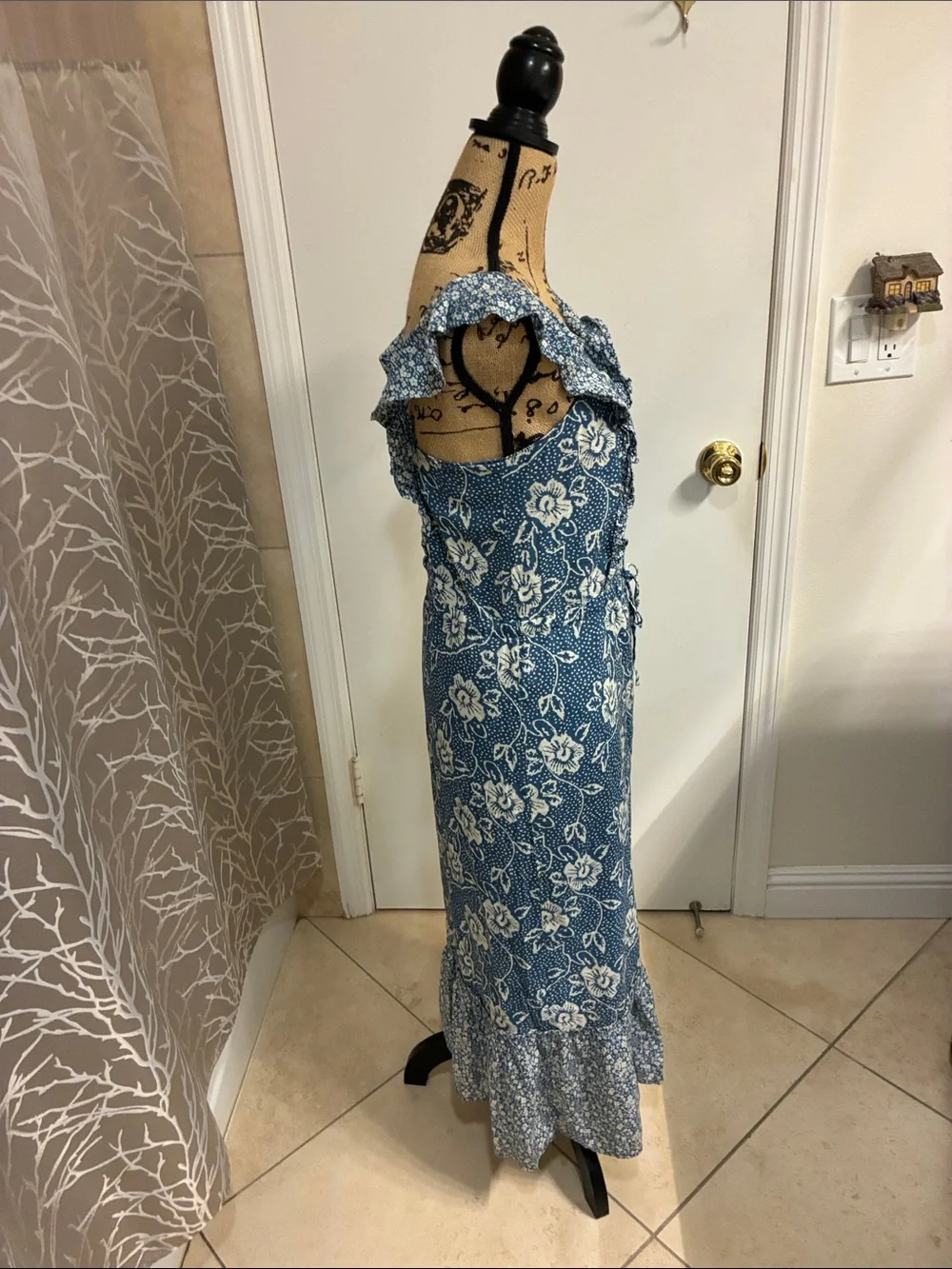 PAIGE Blue and White Floral Maxi Dress with Ruffle Hem Sz S